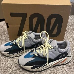 Yeezy Gray and Teal Athletic Shoes